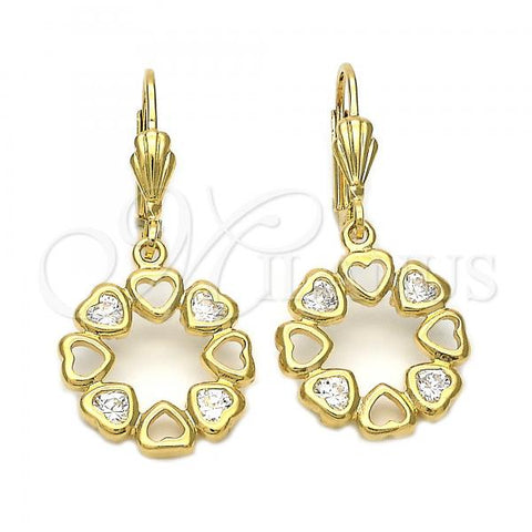 Oro Laminado Dangle Earring, Gold Filled Style Heart Design, with White Cubic Zirconia, Polished, Golden Finish, 5.073.011