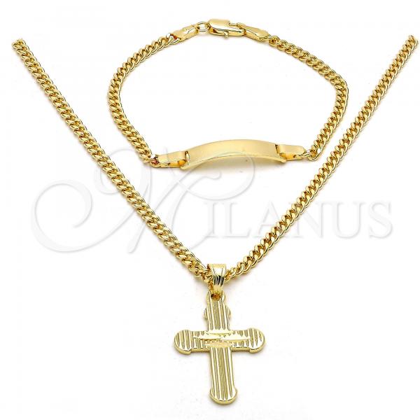 Oro Laminado Earring and Pendant Children Set, Gold Filled Style Cross Design, Diamond Cutting Finish, Golden Finish, 06.63.0183