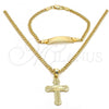 Oro Laminado Earring and Pendant Children Set, Gold Filled Style Cross Design, Diamond Cutting Finish, Golden Finish, 06.63.0183