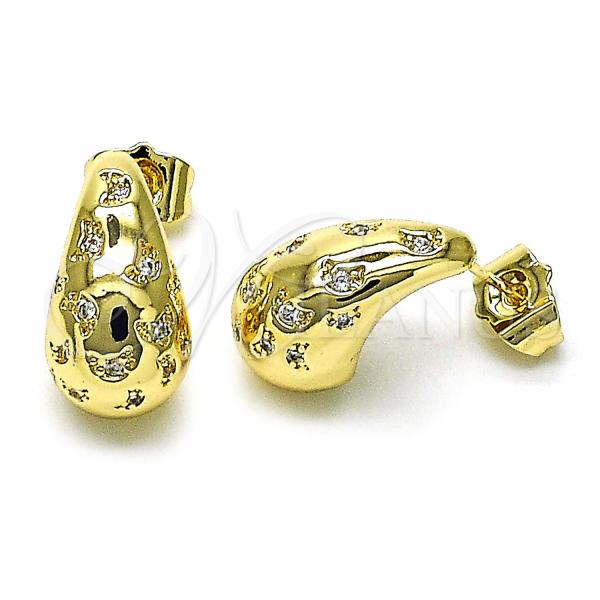 Oro Laminado Stud Earring, Gold Filled Style Teardrop and Moon Design, with White Cubic Zirconia, Polished, Golden Finish, 02.170.0448