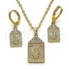 Oro Laminado Earring and Pendant Adult Set, Gold Filled Style Guadalupe and Cross Design, with White Micro Pave, Polished, Golden Finish, 10.196.0071
