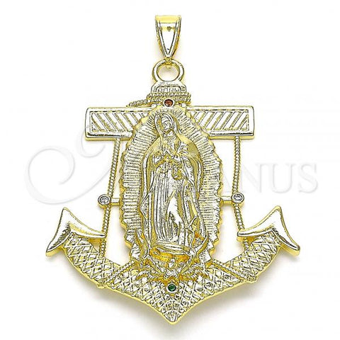 Oro Laminado Religious Pendant, Gold Filled Style Guadalupe and Anchor Design, with Multicolor Cubic Zirconia, Polished, Golden Finish, 05.253.0140