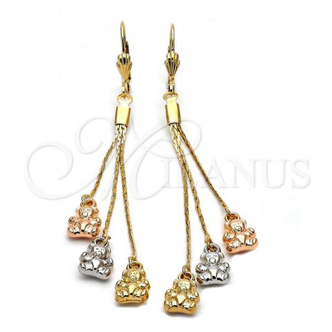 Oro Laminado Long Earring, Gold Filled Style Teddy Bear Design, Diamond Cutting Finish, Tricolor, 5.076.004