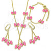 Oro Laminado Earring and Pendant Children Set, Gold Filled Style Butterfly Design, with White Crystal, Pink Enamel Finish, Golden Finish, 06.60.0004.1