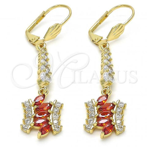 Oro Laminado Long Earring, Gold Filled Style with Garnet and White Cubic Zirconia, Polished, Golden Finish, 02.210.0201.1