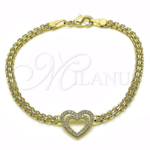 Oro Laminado Fancy Bracelet, Gold Filled Style Heart and Bismark Design, with White Micro Pave, Diamond Cutting Finish, Golden Finish, 03.213.0254.07