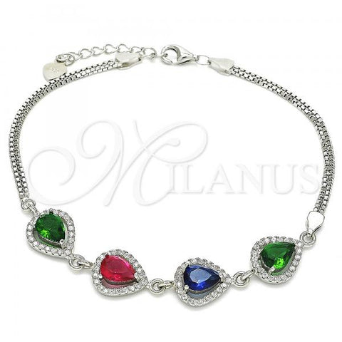 Sterling Silver Fancy Bracelet, Teardrop Design, with Multicolor Cubic Zirconia and White Crystal, Polished, Rhodium Finish, 03.286.0018.4.07