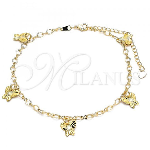Oro Laminado Charm Anklet , Gold Filled Style Butterfly Design, Diamond Cutting Finish, Golden Finish, 03.63.2197.10