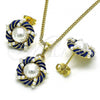 Oro Laminado Earring and Pendant Adult Set, Gold Filled Style with Ivory Pearl, Blue Enamel Finish, Golden Finish, 10.379.0044.2