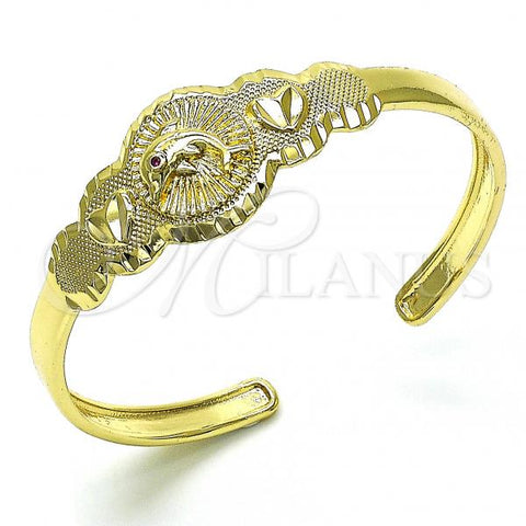 Oro Laminado Individual Bangle, Gold Filled Style Dolphin and Heart Design, with Ruby Cubic Zirconia, Diamond Cutting Finish, Golden Finish, 07.253.0026