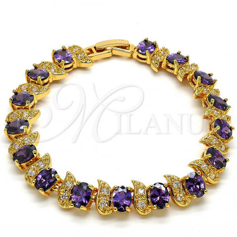 Oro Laminado Tennis Bracelet, Gold Filled Style with Amethyst and White Cubic Zirconia, Polished, Golden Finish, 03.206.0007.2.07