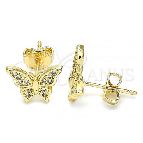 Oro Laminado Stud Earring, Gold Filled Style Butterfly Design, with White Micro Pave, Polished, Golden Finish, 02.94.0123