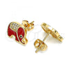 Oro Laminado Stud Earring, Gold Filled Style Elephant Design, with White and Black Micro Pave, Red Enamel Finish, Golden Finish, 02.213.0270.1