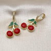 Oro Laminado Dangle Earring, Gold Filled Style Cherry Design, with White Micro Pave, Red Enamel Finish, Golden Finish, 02.417.0001