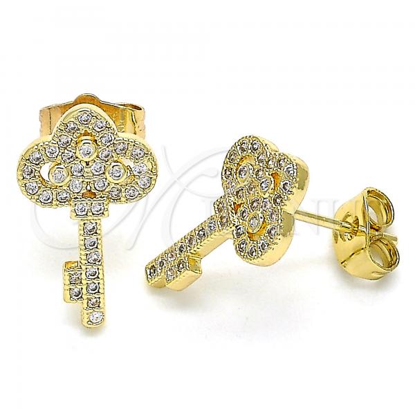 Oro Laminado Stud Earring, Gold Filled Style key Design, with White Micro Pave, Polished, Golden Finish, 02.344.0062