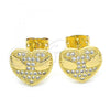 Oro Laminado Stud Earring, Gold Filled Style Heart Design, with White Micro Pave, Polished, Golden Finish, 02.156.0383