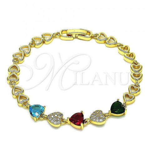 Oro Laminado Fancy Bracelet, Gold Filled Style Heart Design, with Multicolor Cubic Zirconia and White Micro Pave, Polished, Golden Finish, 03.283.0074.07