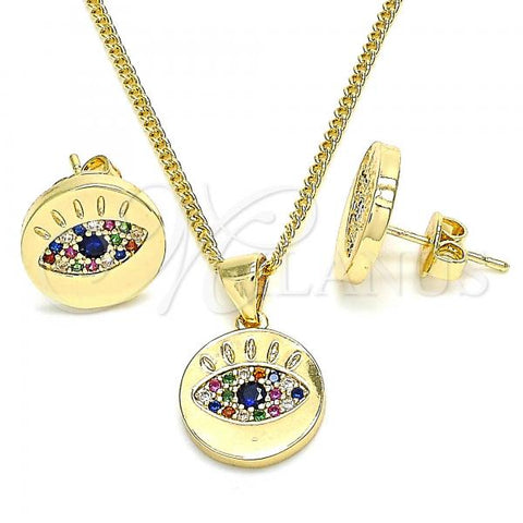 Oro Laminado Earring and Pendant Adult Set, Gold Filled Style with Multicolor Micro Pave, Polished, Golden Finish, 10.156.0249.2