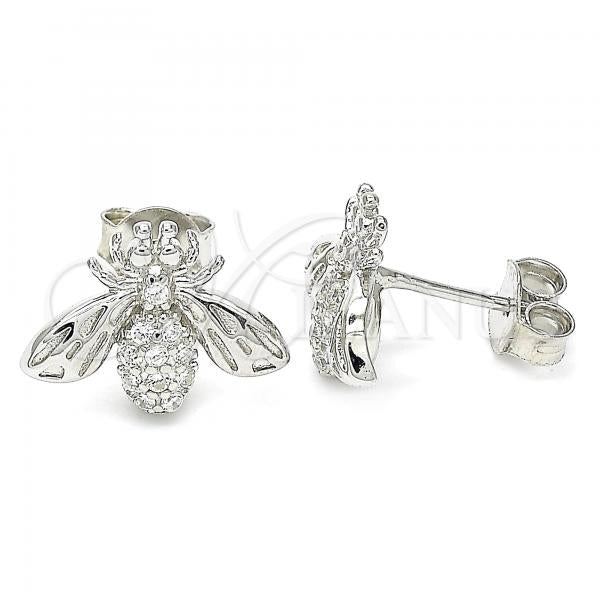 Sterling Silver Stud Earring, Bee Design, with White Cubic Zirconia, Polished, Rhodium Finish, 02.336.0131