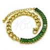 Oro Laminado Fancy Bracelet, Gold Filled Style Miami Cuban Design, with Green Cubic Zirconia, Polished, Golden Finish, 03.341.0190.07