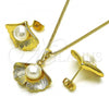 Oro Laminado Earring and Pendant Adult Set, Gold Filled Style with Ivory Pearl, Diamond Cutting Finish, Golden Finish, 10.379.0072