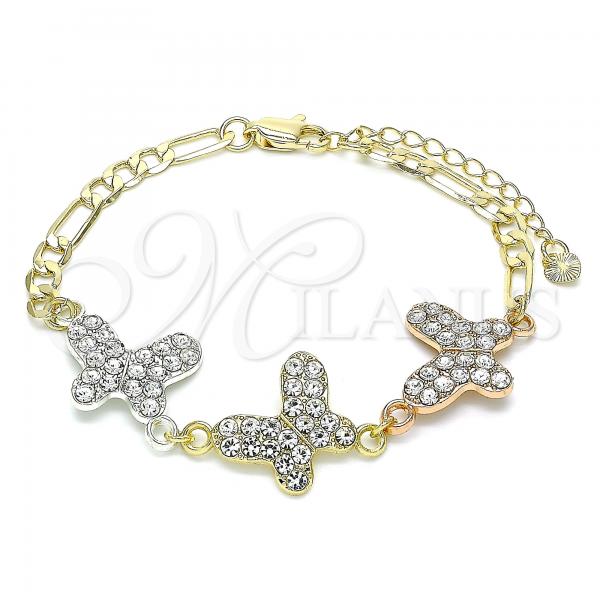 Oro Laminado Fancy Bracelet, Gold Filled Style Butterfly Design, with White Crystal, Polished, Tricolor, 03.380.0127.07