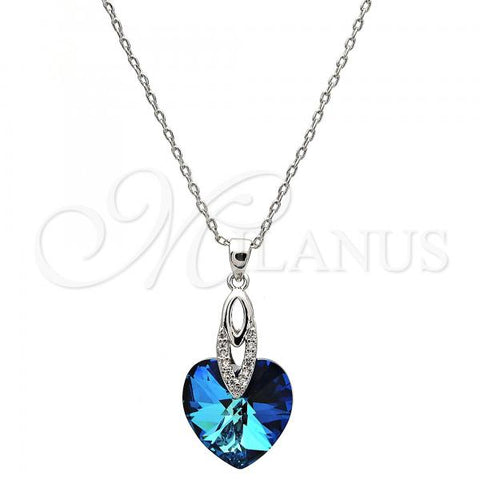 Rhodium Plated Pendant Necklace, Heart Design, with Bermuda Blue Swarovski Crystals and White Micro Pave, Polished, Rhodium Finish, 04.63.1330.16