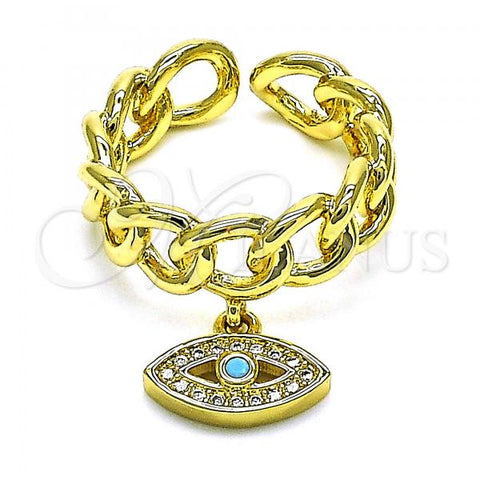 Oro Laminado Multi Stone Ring, Gold Filled Style Evil Eye and Curb Design, with Turquoise and White Micro Pave, Polished, Golden Finish, 01.341.0085