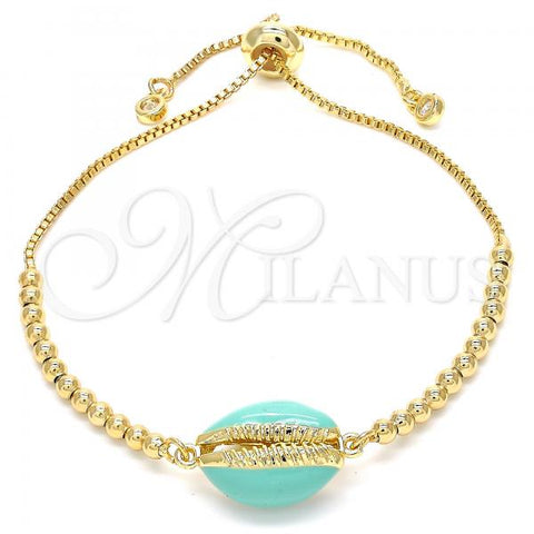 Oro Laminado Adjustable Bolo Bracelet, Gold Filled Style Shell Design, with White Cubic Zirconia, Turquoise Enamel Finish, Golden Finish, 03.63.2089.10