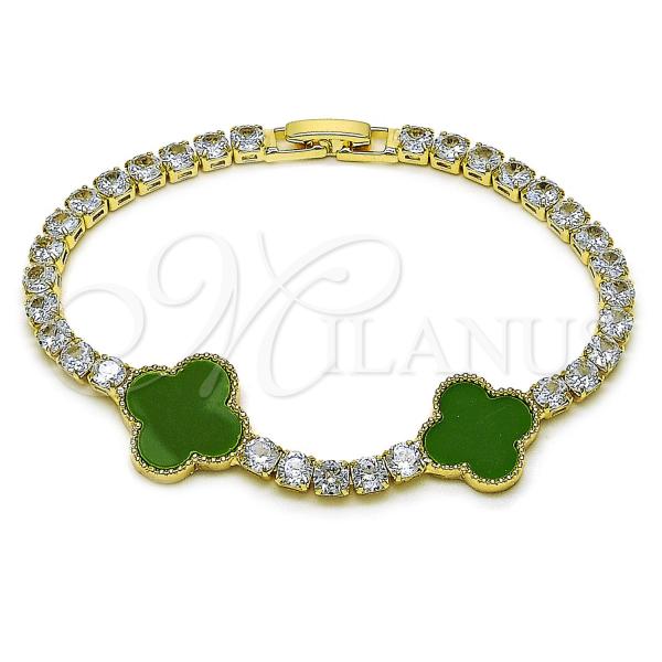 Oro Laminado Fancy Bracelet, Gold Filled Style Four-leaf Clover Design, with Light Green Mother of Pearl and White Cubic Zirconia, Polished, Golden Finish, 03.284.0048.2.07