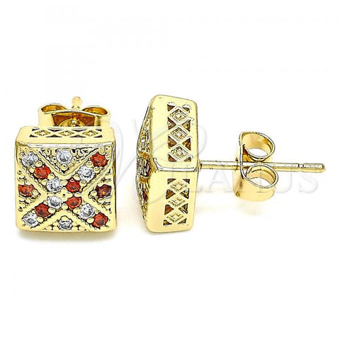 Oro Laminado Stud Earring, Gold Filled Style with Garnet and White Micro Pave, Polished, Golden Finish, 02.344.0080.1