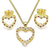 Oro Laminado Earring and Pendant Adult Set, Gold Filled Style Heart Design, with Garnet and White Micro Pave, Polished, Golden Finish, 10.94.0003.1