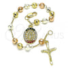 Oro Laminado Charm Bracelet, Gold Filled Style Guadalupe and Crucifix Design, with Multicolor Crystal, Diamond Cutting Finish, Tricolor, 03.380.0119.1.08