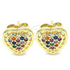 Oro Laminado Stud Earring, Gold Filled Style Heart Design, with Multicolor Micro Pave, Polished, Golden Finish, 02.210.0420.1