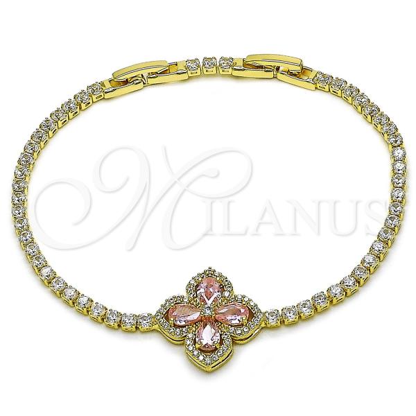 Oro Laminado Tennis Bracelet, Gold Filled Style Four-leaf Clover Design, with Pink and White Cubic Zirconia, Polished, Golden Finish, 03.284.0038.4.08