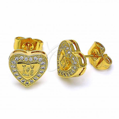 Oro Laminado Stud Earring, Gold Filled Style Heart and Love Design, with White Micro Pave, Polished, Golden Finish, 02.344.0024