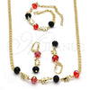 Oro Laminado Necklace, Bracelet and Earring, Gold Filled Style Elephant Design, with Garnet and Black Crystal, Polished, Golden Finish, 06.213.0001