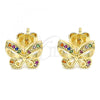 Oro Laminado Stud Earring, Gold Filled Style Butterfly Design, with Multicolor Micro Pave, Polished, Golden Finish, 02.156.0455.3