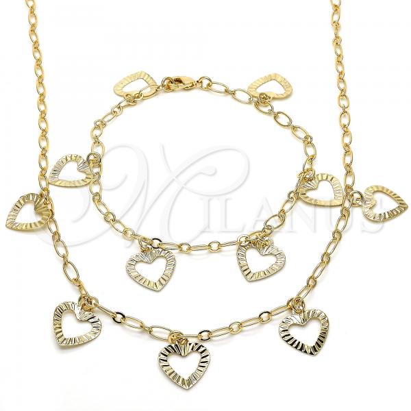 Oro Laminado Necklace and Bracelet, Gold Filled Style Heart Design, Polished, Golden Finish, 06.63.0203