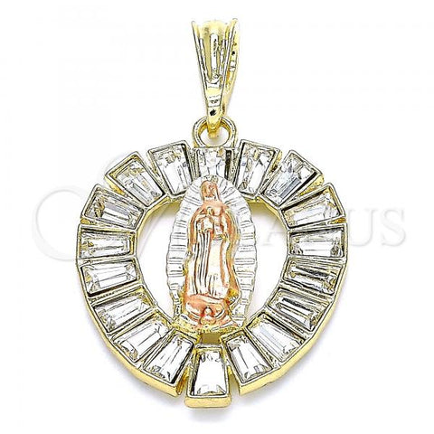Oro Laminado Religious Pendant, Gold Filled Style Guadalupe and Heart Design, with White Crystal, Polished, Tricolor, 05.380.0058