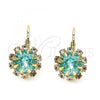 Oro Laminado Leverback Earring, Gold Filled Style Flower Design, with Aqua Blue and White Crystal, Polished, Golden Finish, 02.122.0086.3