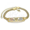 Oro Laminado Fancy Bracelet, Gold Filled Style Flower Design, with White Crystal, Polished, Tricolor, 03.380.0023.08