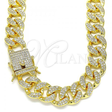 Oro Laminado Basic Necklace, Gold Filled Style Miami Cuban Design, with White Micro Pave, Polished, Golden Finish, 04.284.0058.24