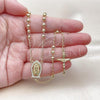 Oro Laminado Thin Rosary, Gold Filled Style Guadalupe and Ball Design, with White Cubic Zirconia, Polished, Golden Finish, 09.213.0066.24
