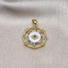 Oro Laminado Fancy Pendant, Gold Filled Style Evil Eye Design, with Multicolor Micro Pave and Sapphire Blue Cubic Zirconia, White Enamel Finish, Golden Finish, 05.411.0019