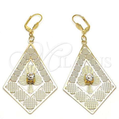 Oro Laminado Dangle Earring, Gold Filled Style Flower Design, with White Crystal, Polished, Golden Finish, 60.004