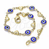Oro Laminado Fancy Bracelet, Gold Filled Style Evil Eye and Heart Design, Blue Resin Finish, Golden Finish, 03.326.0008.2.08