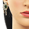 Oro Laminado Stud Earring, Gold Filled Style Cluster and Flower Design, with Green and White Cubic Zirconia, Polished, Golden Finish, 02.436.0001.1
