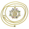 Oro Laminado Pendant Necklace, Gold Filled Style Guadalupe Design, with Multicolor Micro Pave, Polished, Golden Finish, 04.284.0036.1.20
