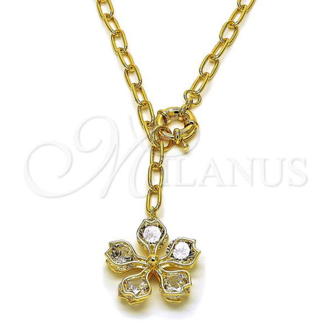Oro Laminado Pendant Necklace, Gold Filled Style Flower and Rolo Design, with White Cubic Zirconia, Polished, Golden Finish, 04.63.1438.20